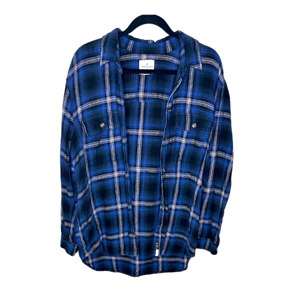 American Eagle Outfitters Blue White Black Plaid Soft 100% Cotton Button Down